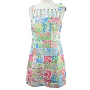 Lilly Pulitzer Shift Dress Sz 6 Multicolor Patchwork Sleeveless Bow Strap Resort